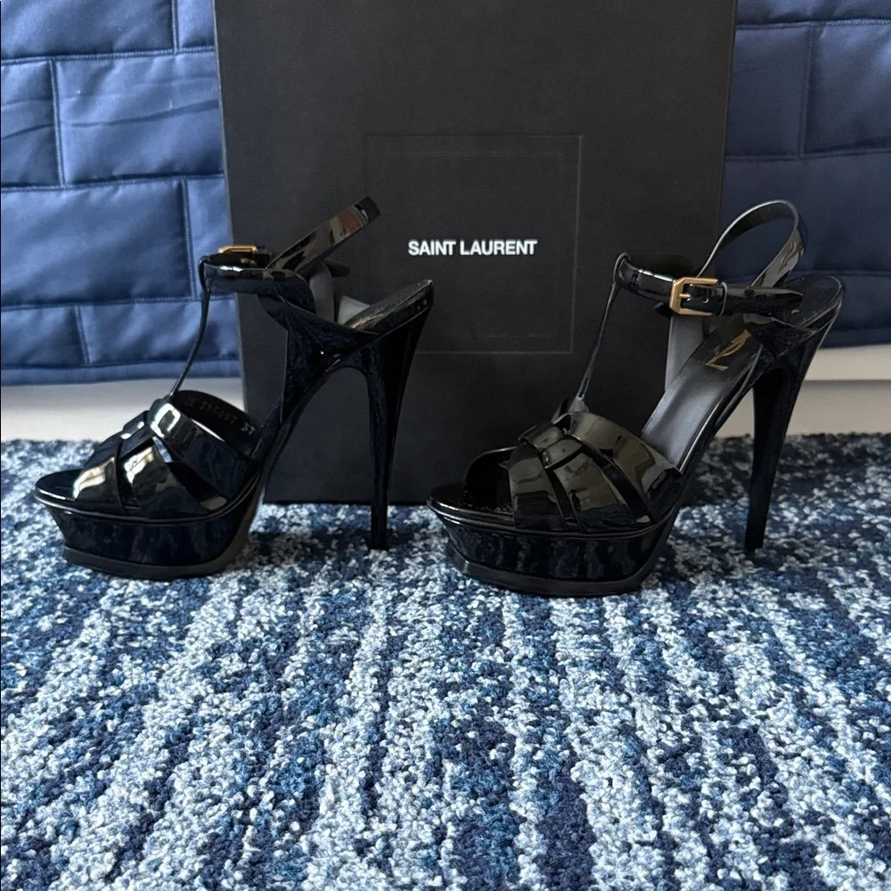 Yves Saint Laurent Women's Tribute Black Patent T-Strap Platform Sandals - Picture 12 of 17